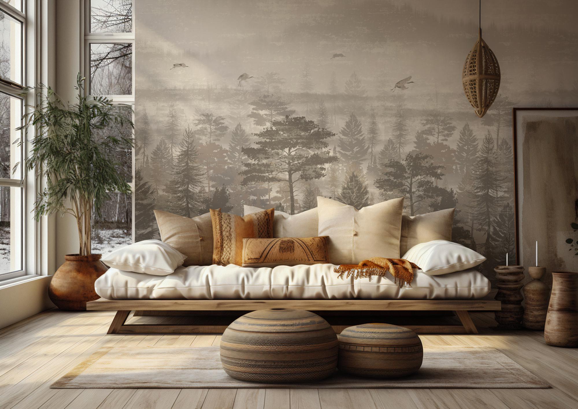 Foggy Forest Wall Mural: Vintage Tree Landscape Removable Wallpaper - View 4