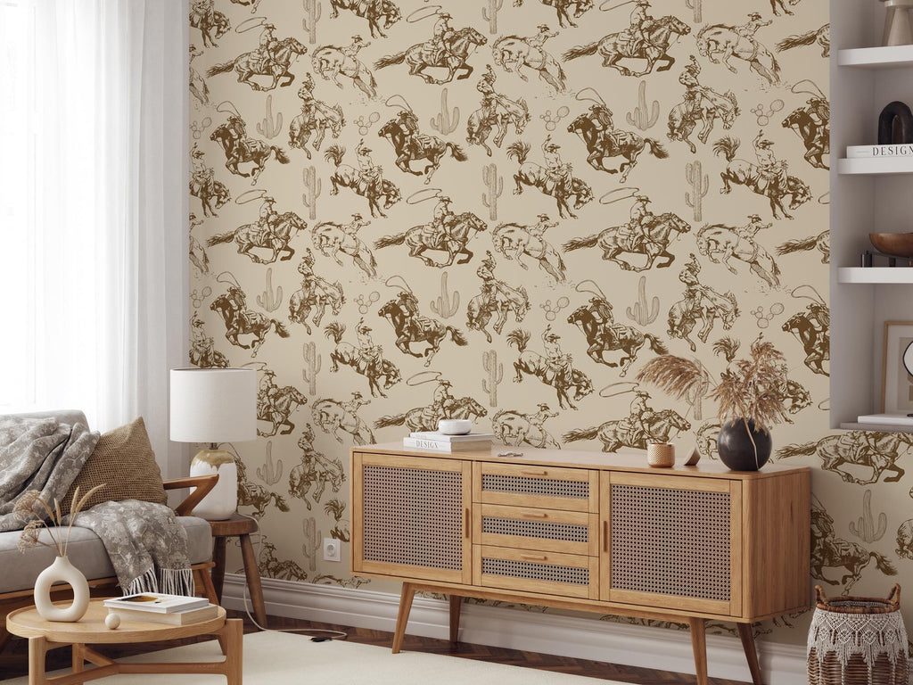 Western Cowboy Peel and Stick Wallpaper: Horse & Cactus Rodeo Mural - View 4