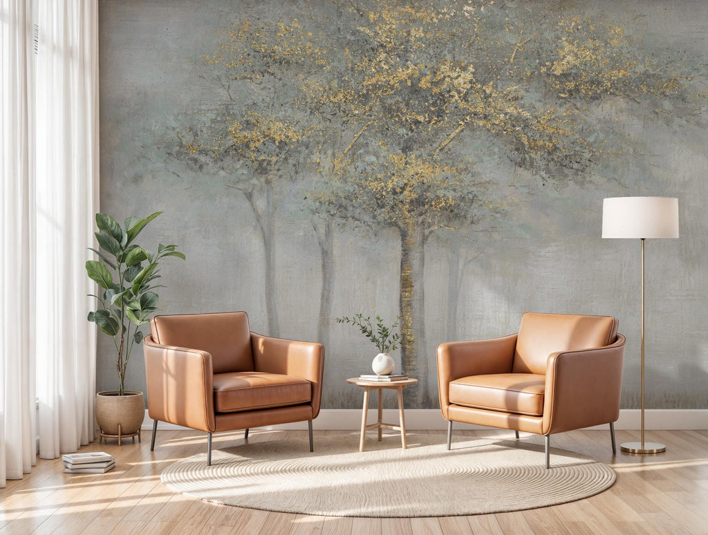 Gold Tree Landscape Wallpaper: Luxe Neutral Forest Wall Mural, Peel & Stick - View 4
