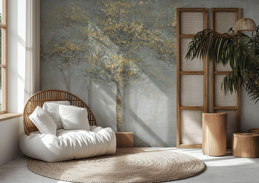Gold Tree Landscape Wallpaper: Luxe Neutral Forest Wall Mural, Peel & Stick - View 5