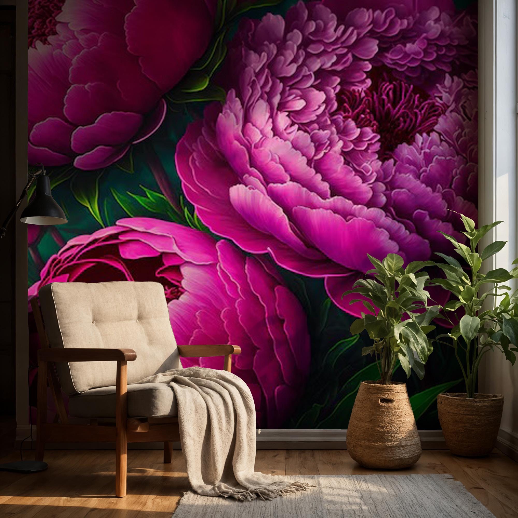 Dark Peony Floral Wallpaper, Big Pink Rose Wall Mural, Peel & Stick