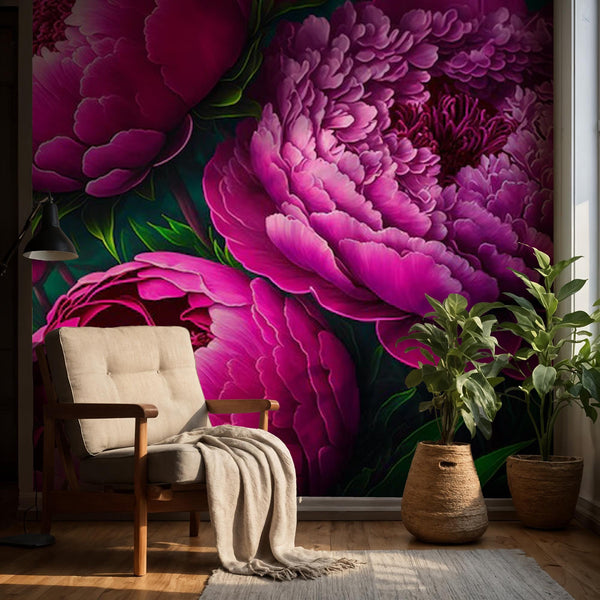 Dark Peony Floral Wallpaper, Big Pink Rose Wall Mural, Peel & Stick