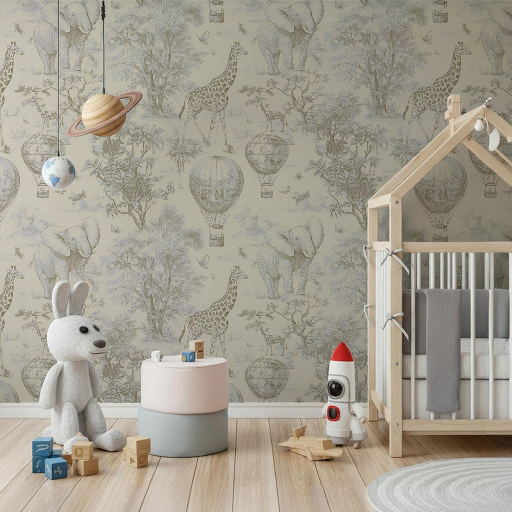 Beige Safari Toile Wallpaper: Kids Room Animal Wall Mural - View 4