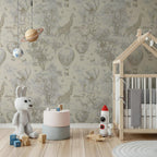 Beige Safari Toile Wallpaper: Kids Room Animal Wall Mural - View 4