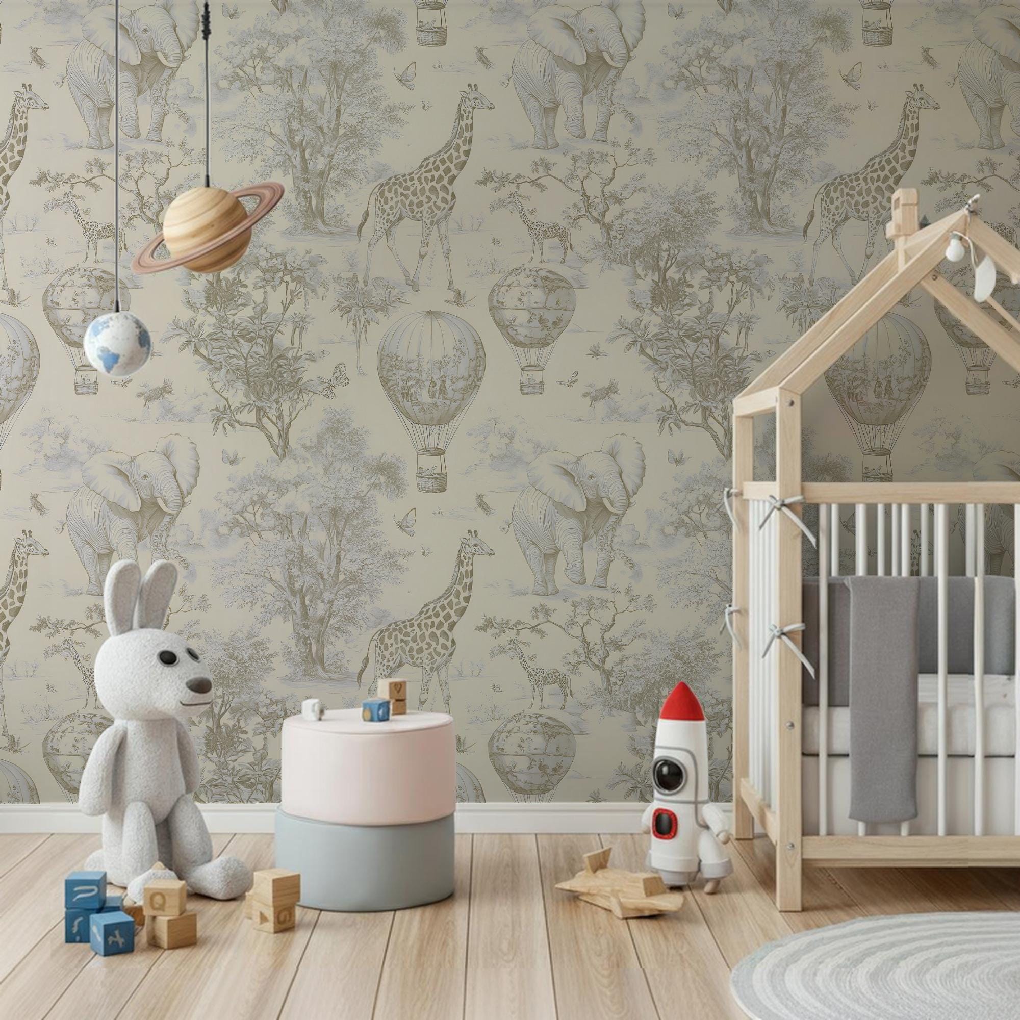 Beige Safari Toile Wallpaper: Kids Room Animal Wall Mural - View 4