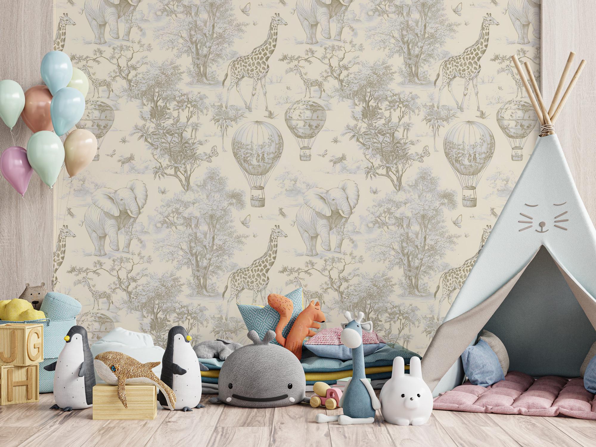 Beige Safari Toile Wallpaper: Kids Room Animal Wall Mural - View 5