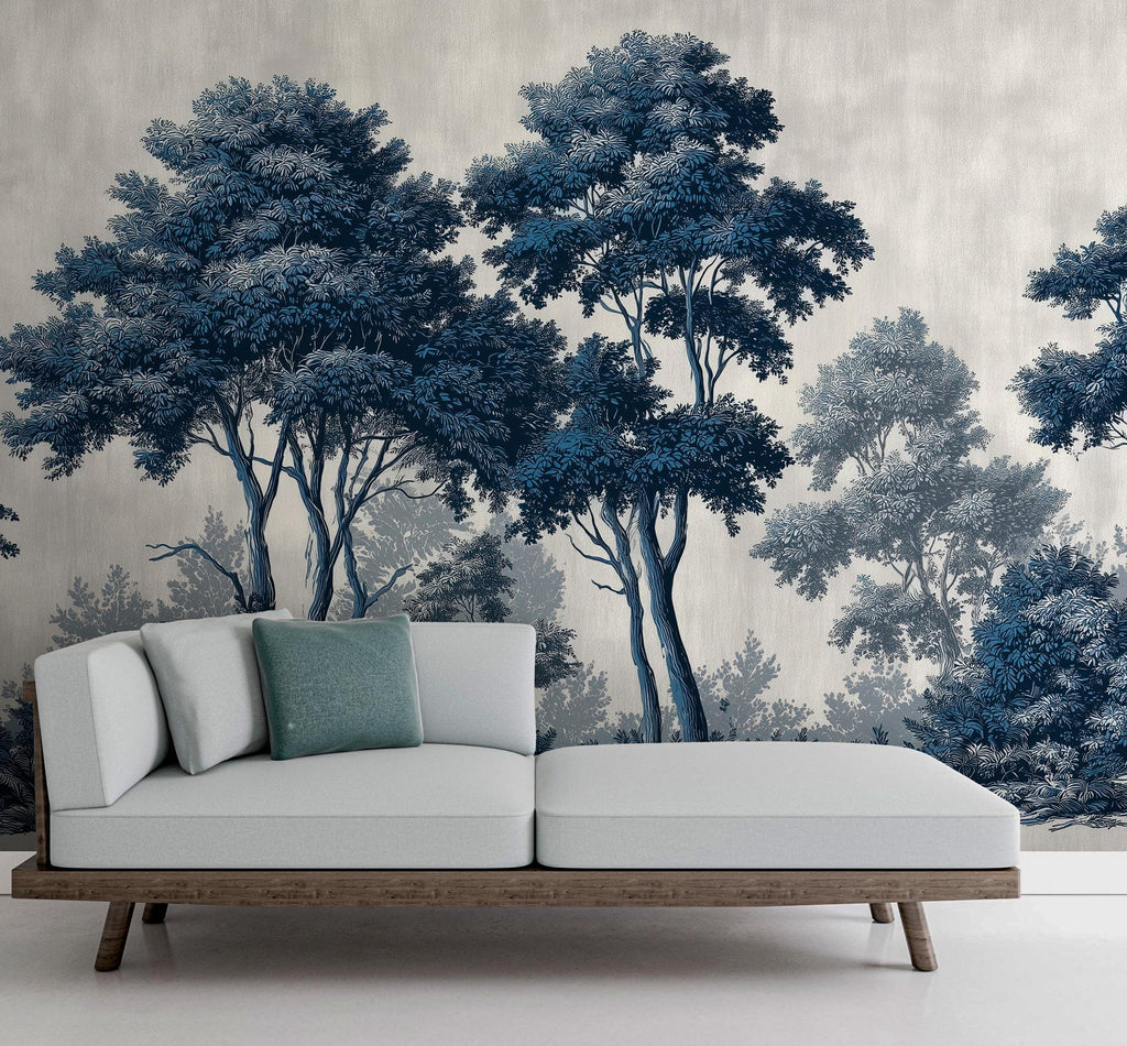 Dark Blue Forest Peel and Stick Wallpaper: Big Tree Custom Size Wall Mural - View 2