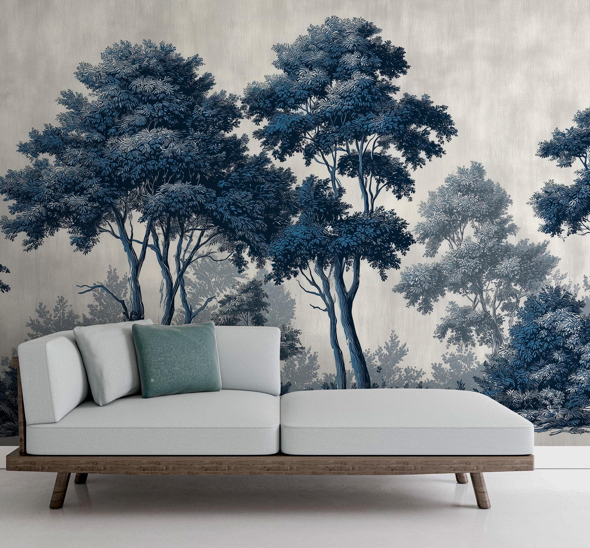Dark Blue Forest Peel and Stick Wallpaper: Big Tree Custom Size Wall Mural - View 2