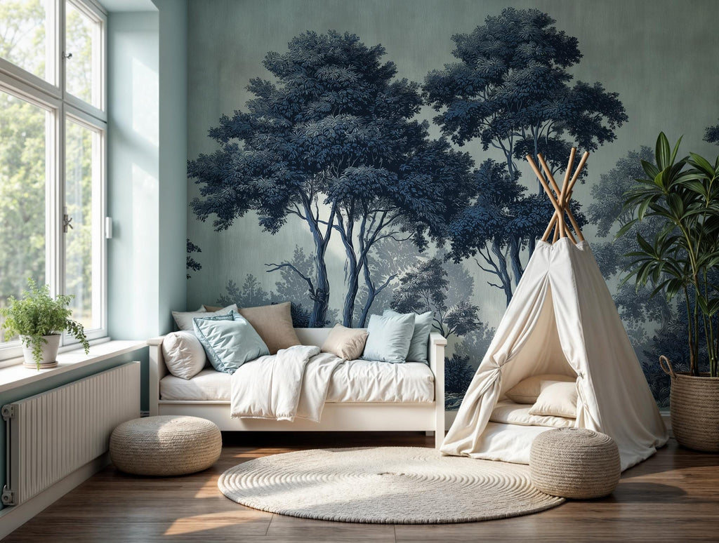 Dark Blue Forest Peel and Stick Wallpaper: Big Tree Custom Size Wall Mural - View 4