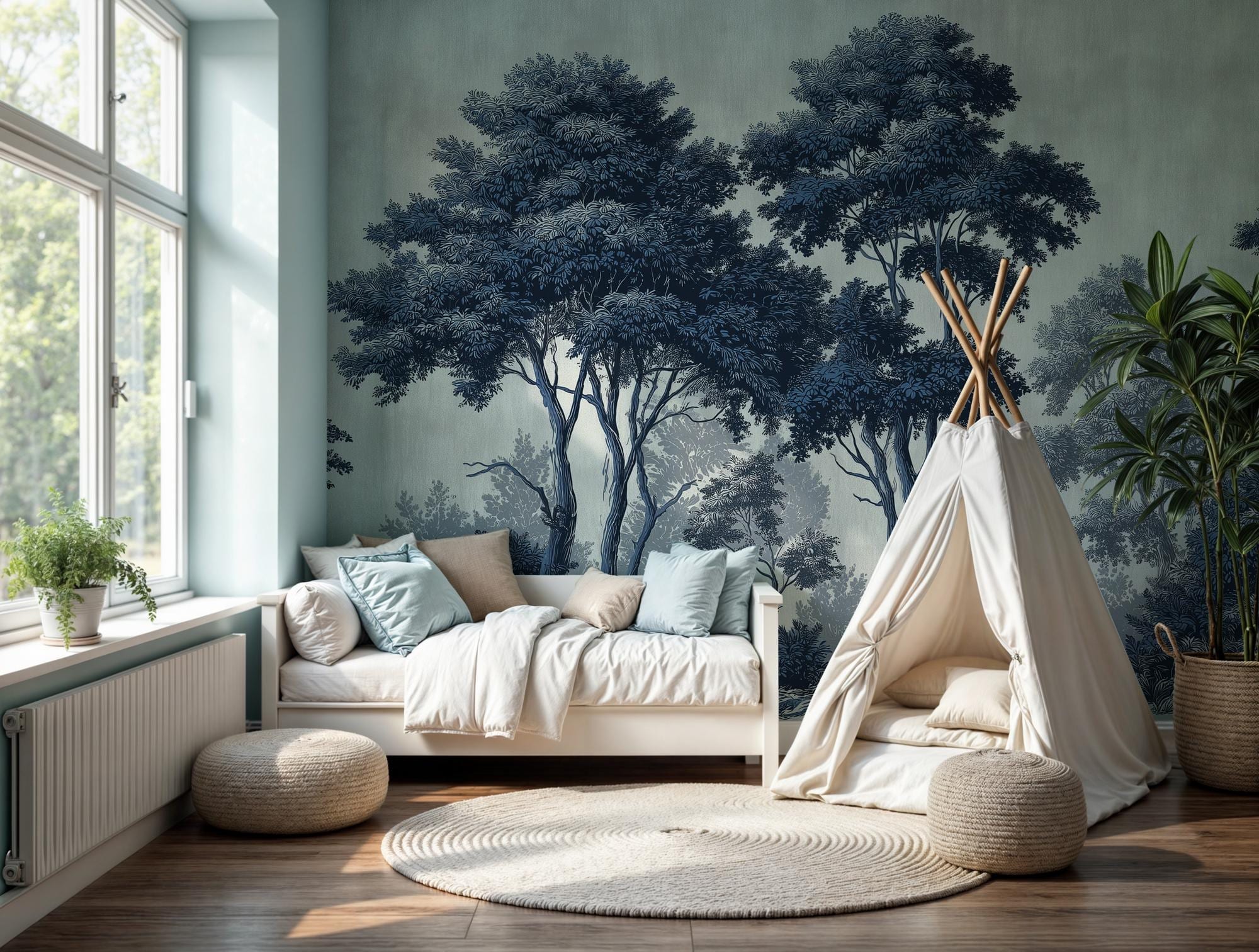Dark Blue Forest Peel and Stick Wallpaper: Big Tree Custom Size Wall Mural - View 4
