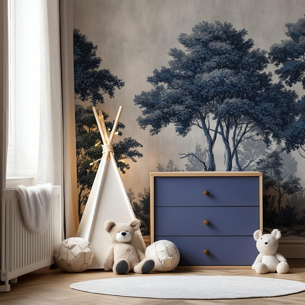 Dark Blue Forest Peel and Stick Wallpaper: Big Tree Custom Size Wall Mural - View 3