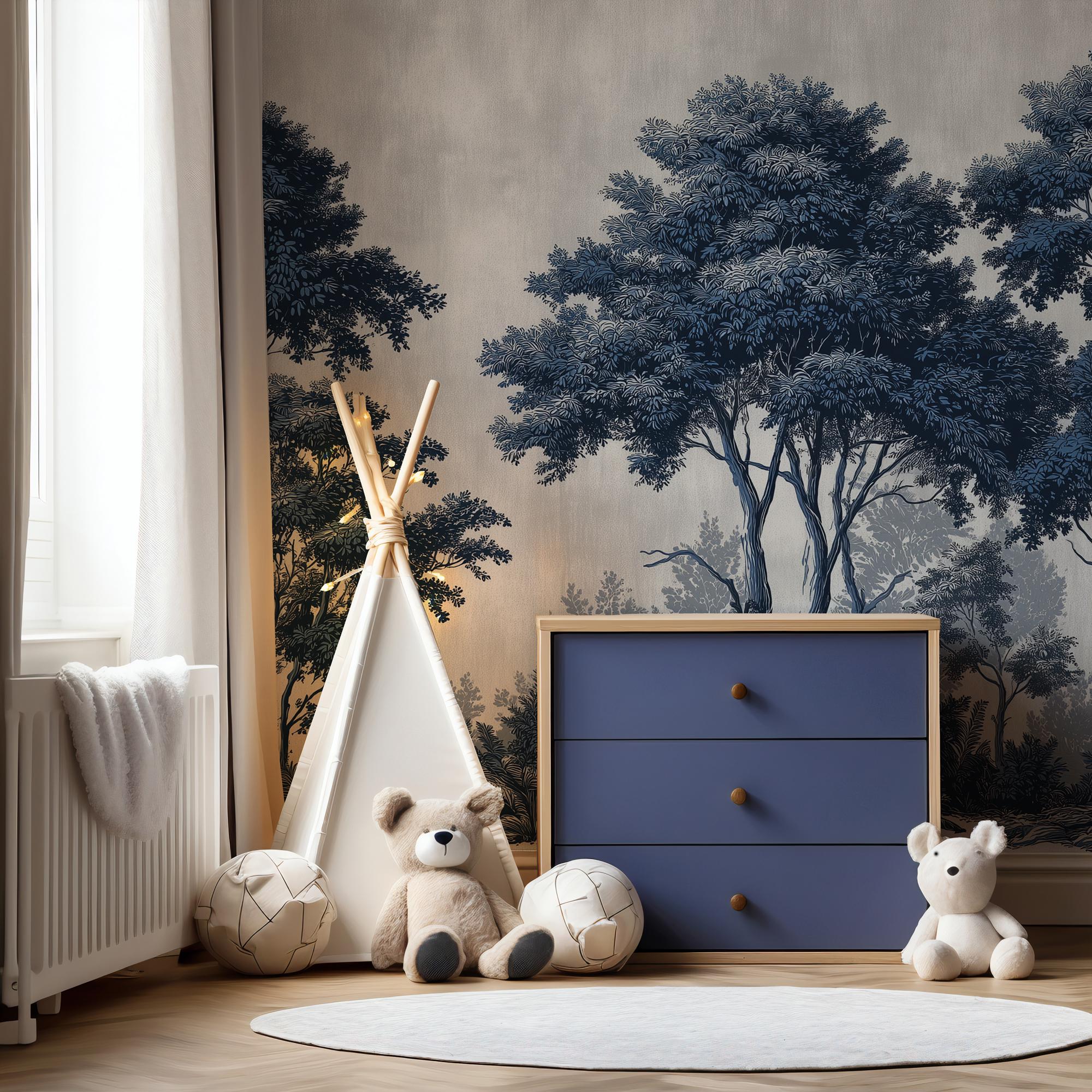 Dark Blue Forest Peel and Stick Wallpaper: Big Tree Custom Size Wall Mural - View 3