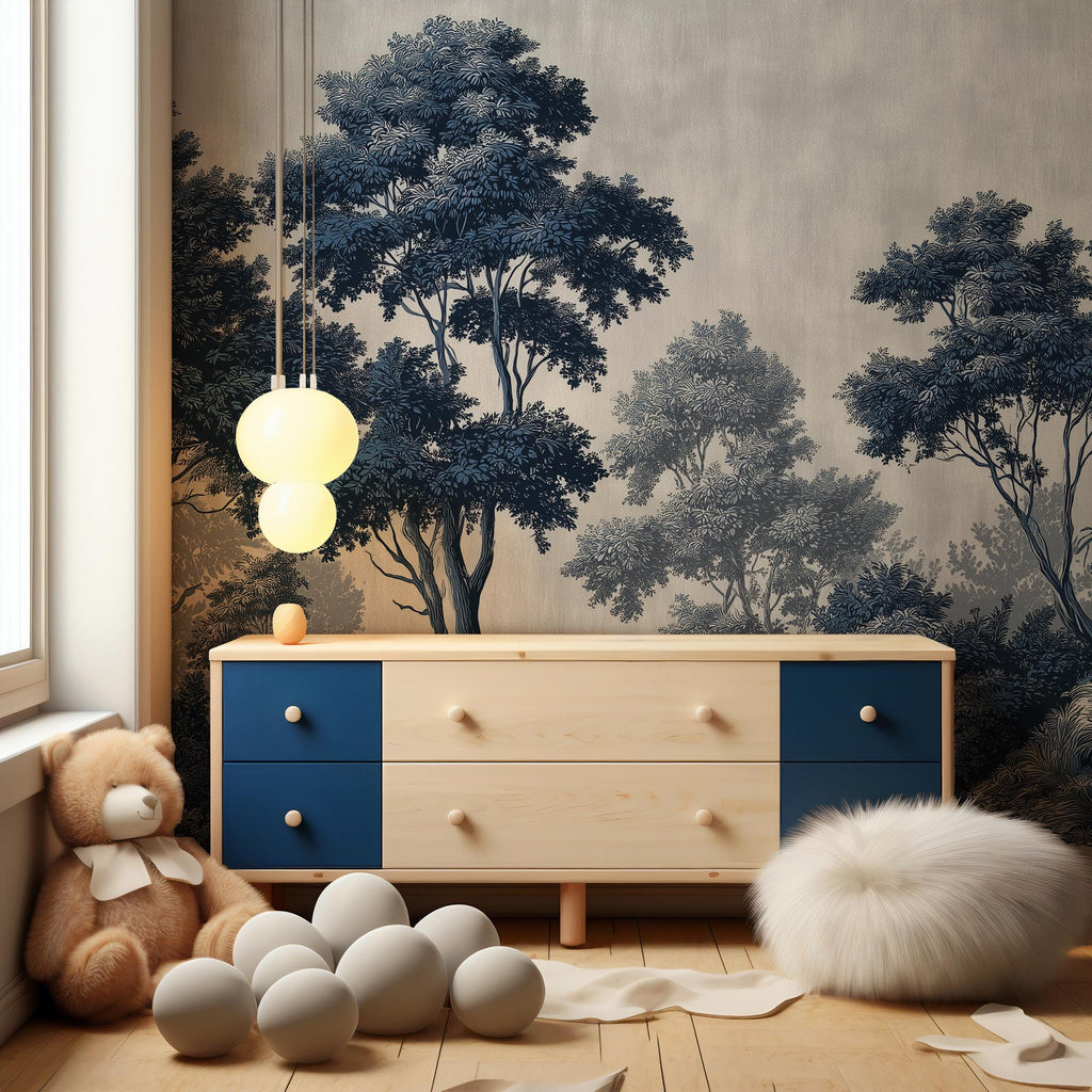 Dark Blue Forest Peel and Stick Wallpaper: Big Tree Custom Size Wall Mural - View 5
