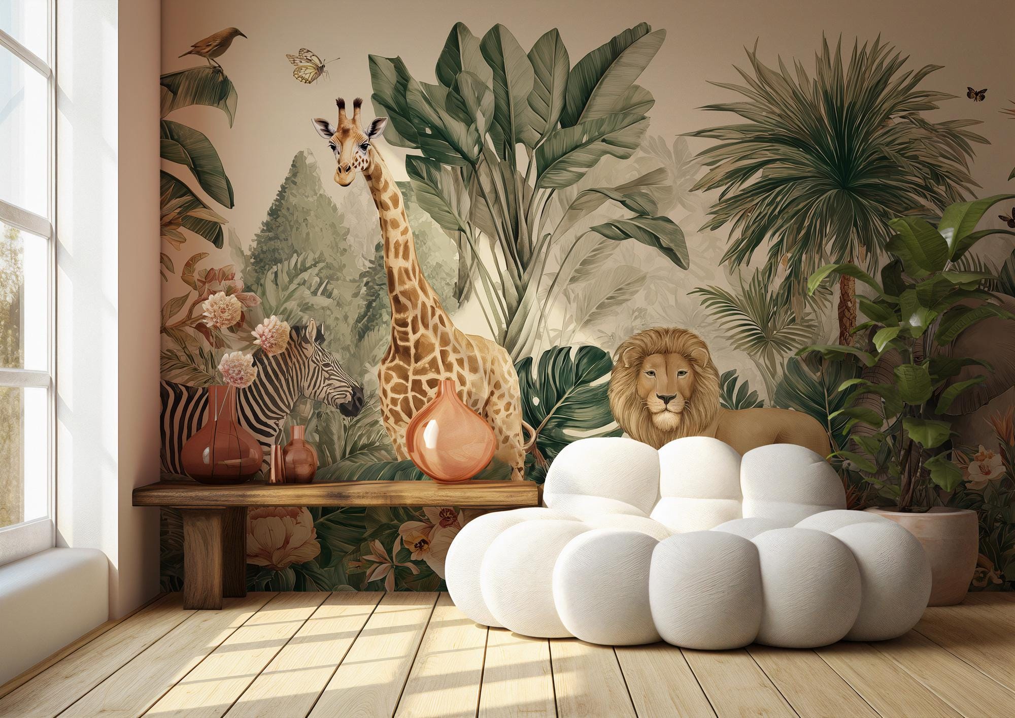 Jungle Safari Wall Mural: Tropical Animals Peel and Stick Wallpaper - View 5