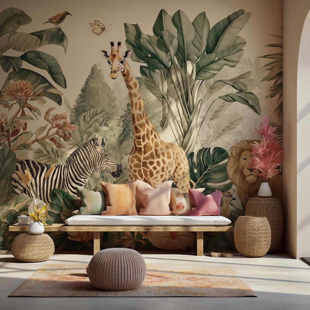 Jungle Safari Wall Mural: Tropical Animals Peel and Stick Wallpaper