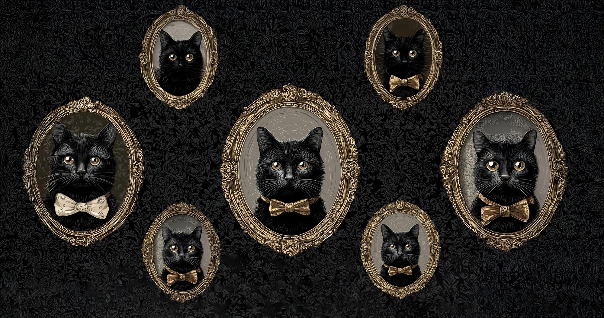 Vintage Cat Portrait Peel and Stick Wallpaper: Gothic Dark Wall Mural - View 5