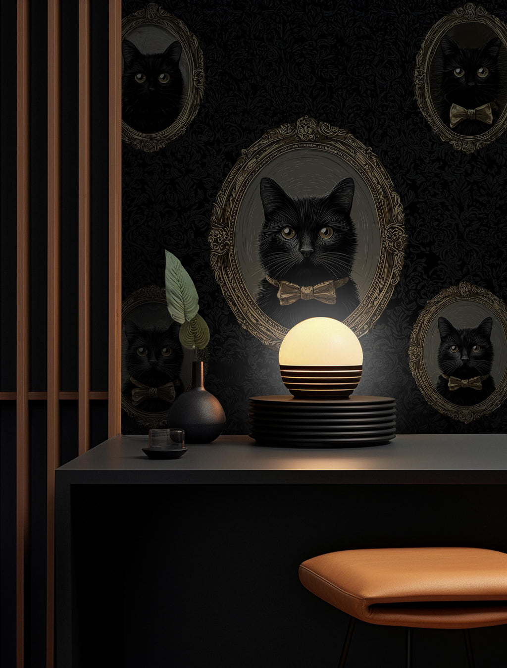 Vintage Cat Portrait Peel and Stick Wallpaper: Gothic Dark Wall Mural - View 3