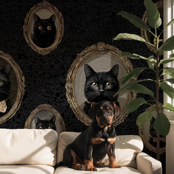 Vintage Cat Portrait Peel and Stick Wallpaper: Gothic Dark Wall Mural