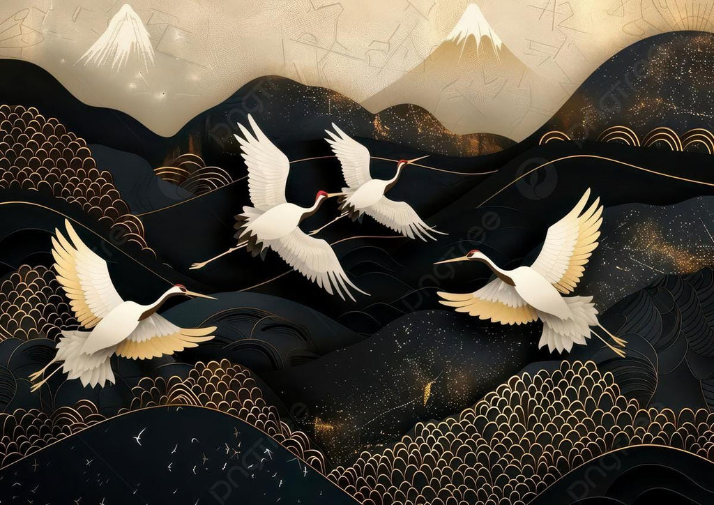 Black Crane Wallpaper: Gold Mountain, Flying Birds, Peel and Stick Mural - View 5