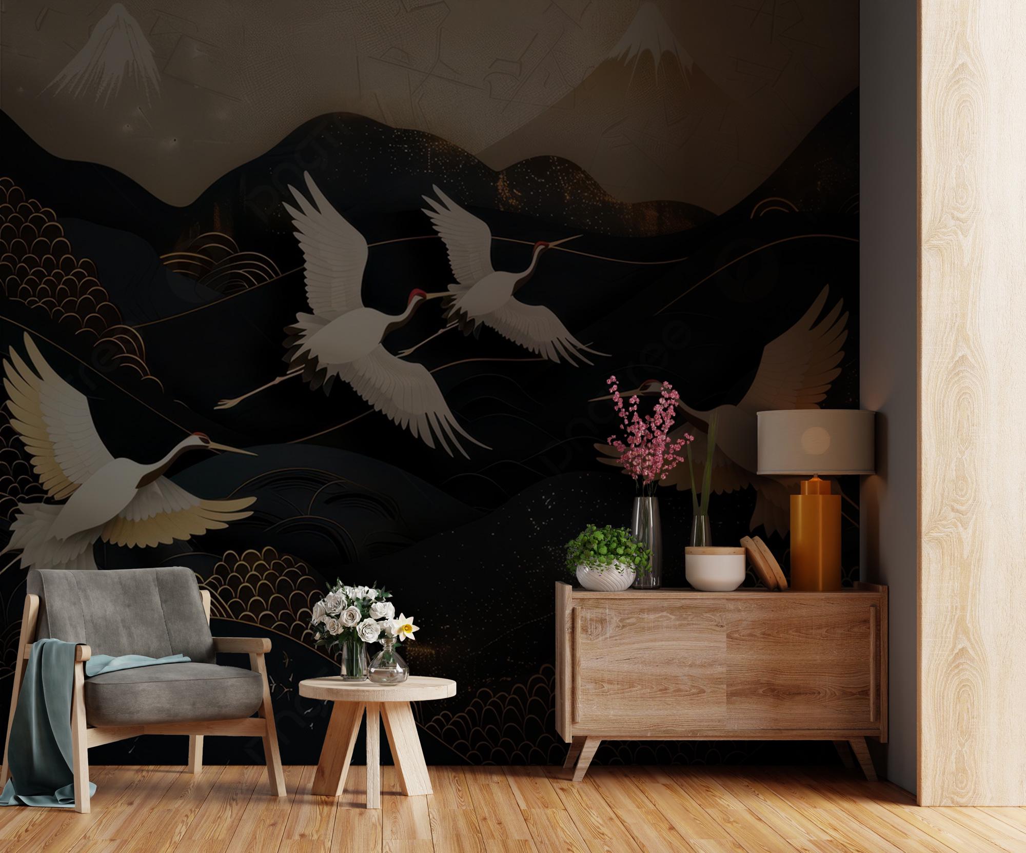 Black Crane Wallpaper: Gold Mountain, Flying Birds, Peel and Stick Mural - View 4