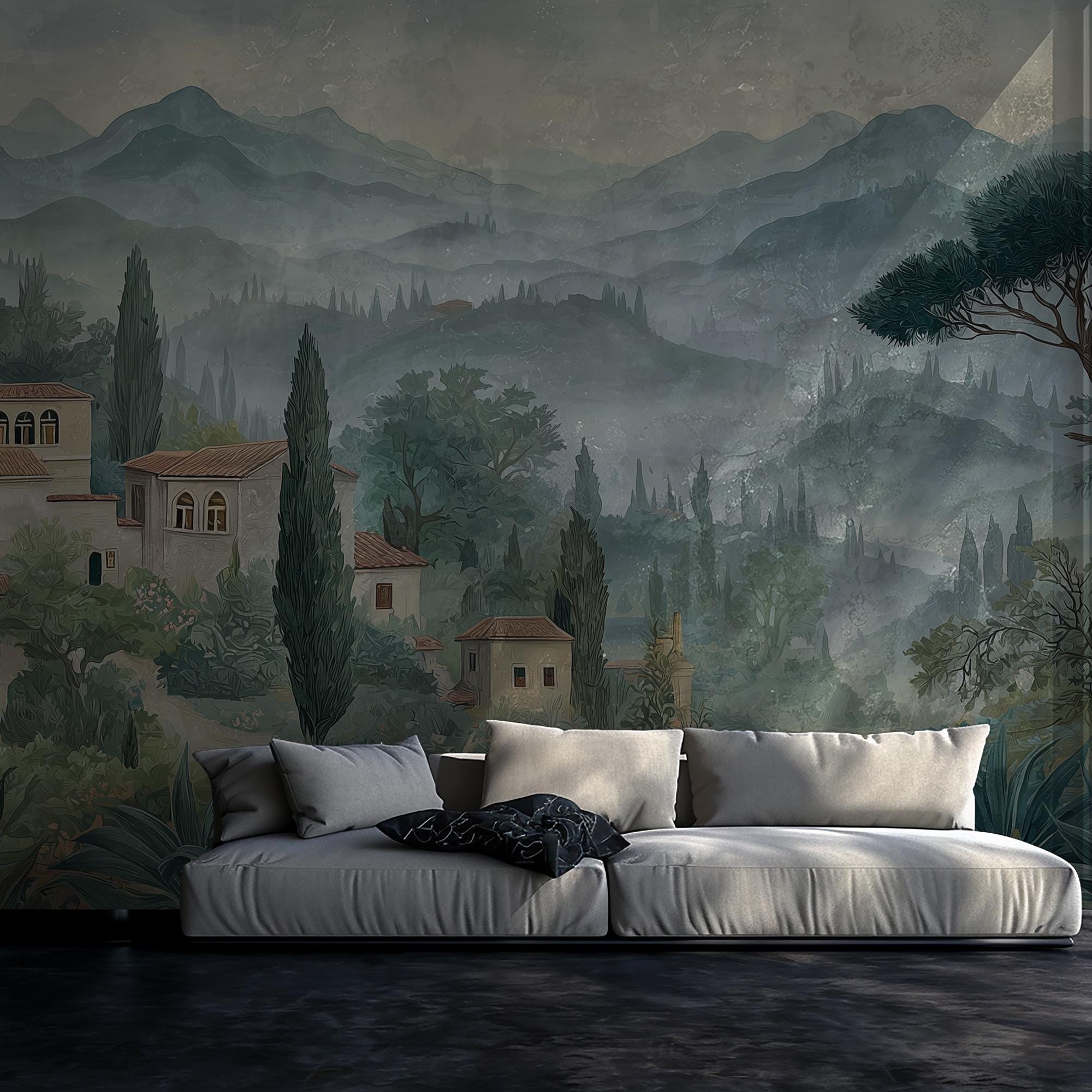 Vintage Countryside Peel and Stick Wallpaper: Pastoral Landscape Wall Mural - View 6