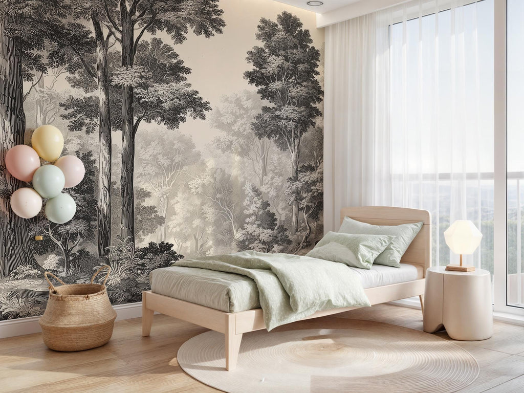 Vintage Forest Wallpaper Mural: Black & White Woodland Trees Scenic Wall Art - View 3