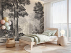 Vintage Forest Wallpaper Mural: Black & White Woodland Trees Scenic Wall Art - View 3