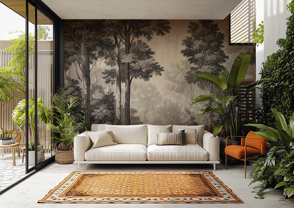 Vintage Forest Wallpaper Mural: Black & White Woodland Trees Scenic Wall Art - View 5