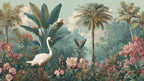 Tropical Swan and Palm Tree Wallpaper: Custom Size Peel and Stick Botanical Wall Mural - View 2