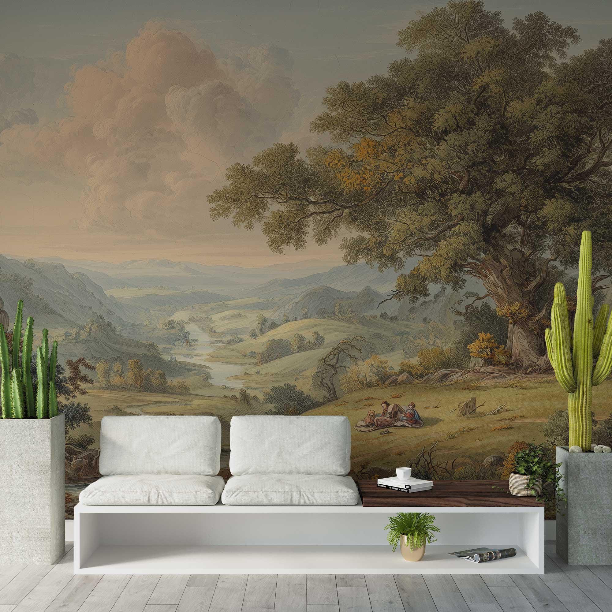 Vintage Pastoral Landscape Peel and Stick Wallpaper, Countryside Scene Custom Size Wall Mural