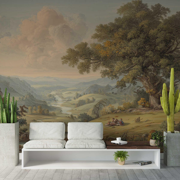 Vintage Pastoral Landscape Peel and Stick Wallpaper, Countryside Scene Custom Size Wall Mural