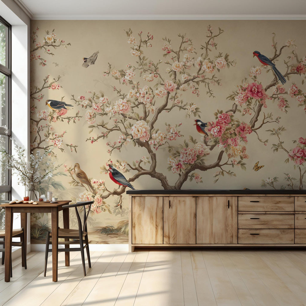 Beige Chinoiserie Blossom Bird Wallpaper, Custom Sakura Wall Mural, Peel and Stick - View 3
