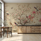 Beige Chinoiserie Blossom Bird Wallpaper, Custom Sakura Wall Mural, Peel and Stick - View 3