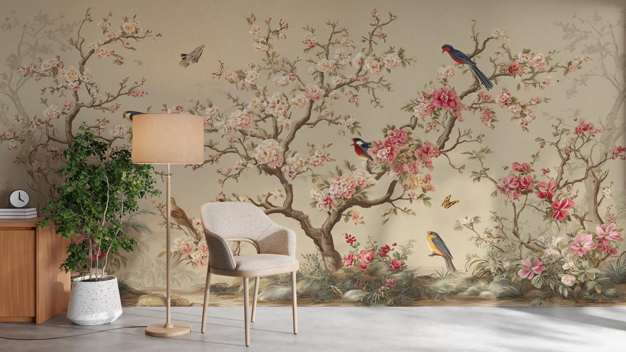 Beige Chinoiserie Blossom Bird Wallpaper, Custom Sakura Wall Mural, Peel and Stick - View 4