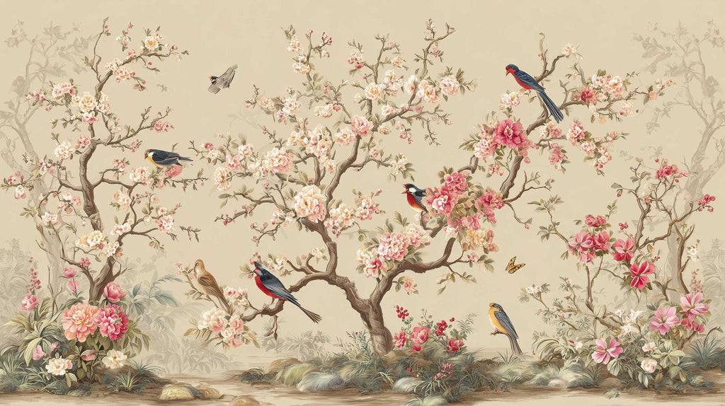 Beige Chinoiserie Blossom Bird Wallpaper, Custom Sakura Wall Mural, Peel and Stick - View 6