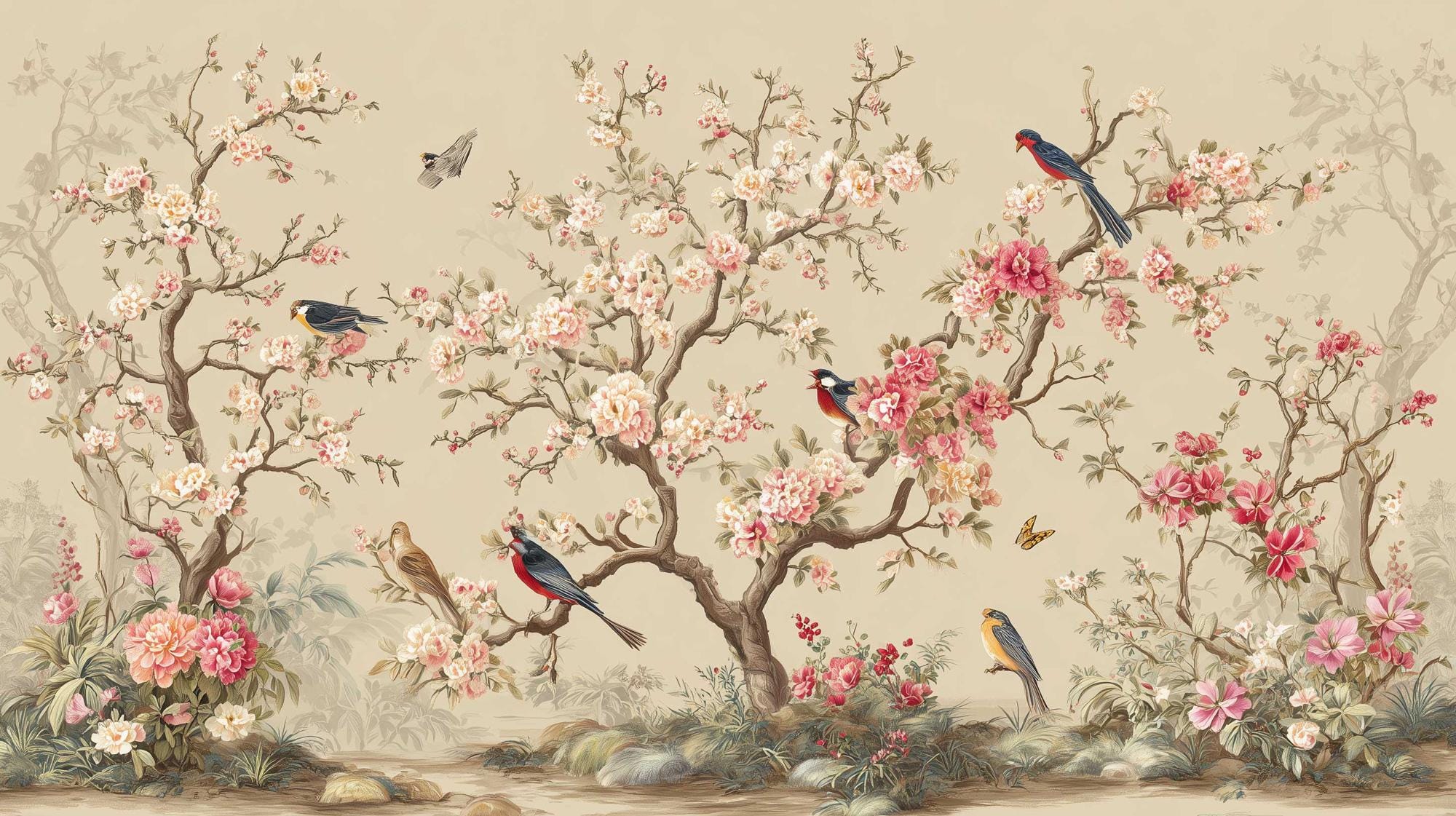Beige Chinoiserie Blossom Bird Wallpaper, Custom Sakura Wall Mural, Peel and Stick - View 6