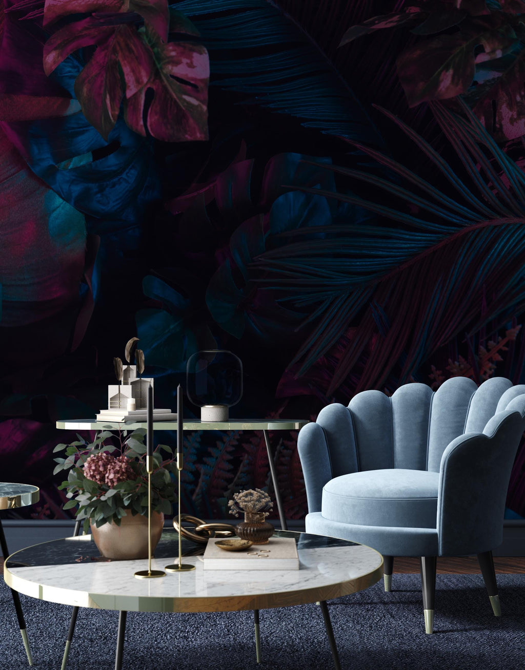 Midnight Teal Fuchsia Jungle Peel and Stick Wallpaper, Custom Sizes Tropical Leaves Wall Mural - View 4