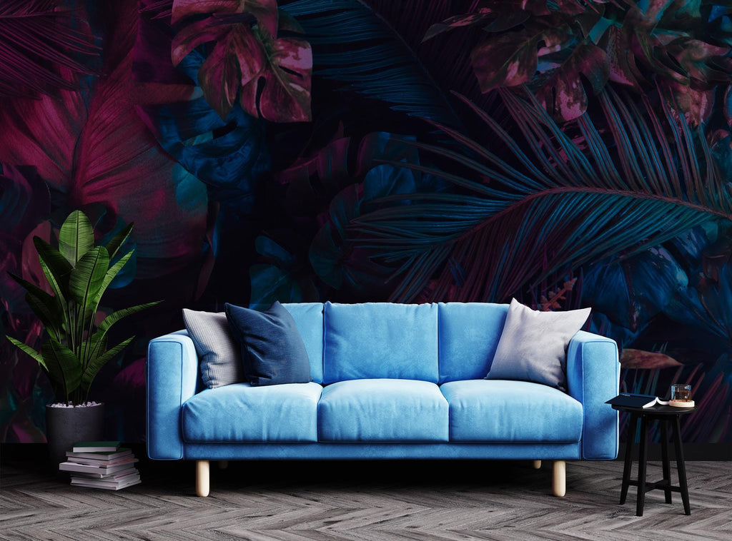 Midnight Teal Fuchsia Jungle Peel and Stick Wallpaper, Custom Sizes Tropical Leaves Wall Mural - View 3