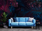 Midnight Teal Fuchsia Jungle Peel and Stick Wallpaper, Custom Sizes Tropical Leaves Wall Mural - View 3