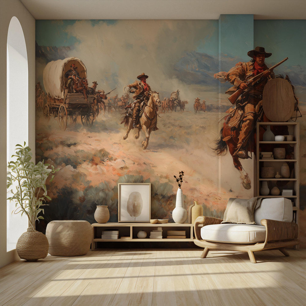 Warm Desert Western Cowboy Landscape Peel and Stick Wallpaper, Custom Size Wall Mural - View 2