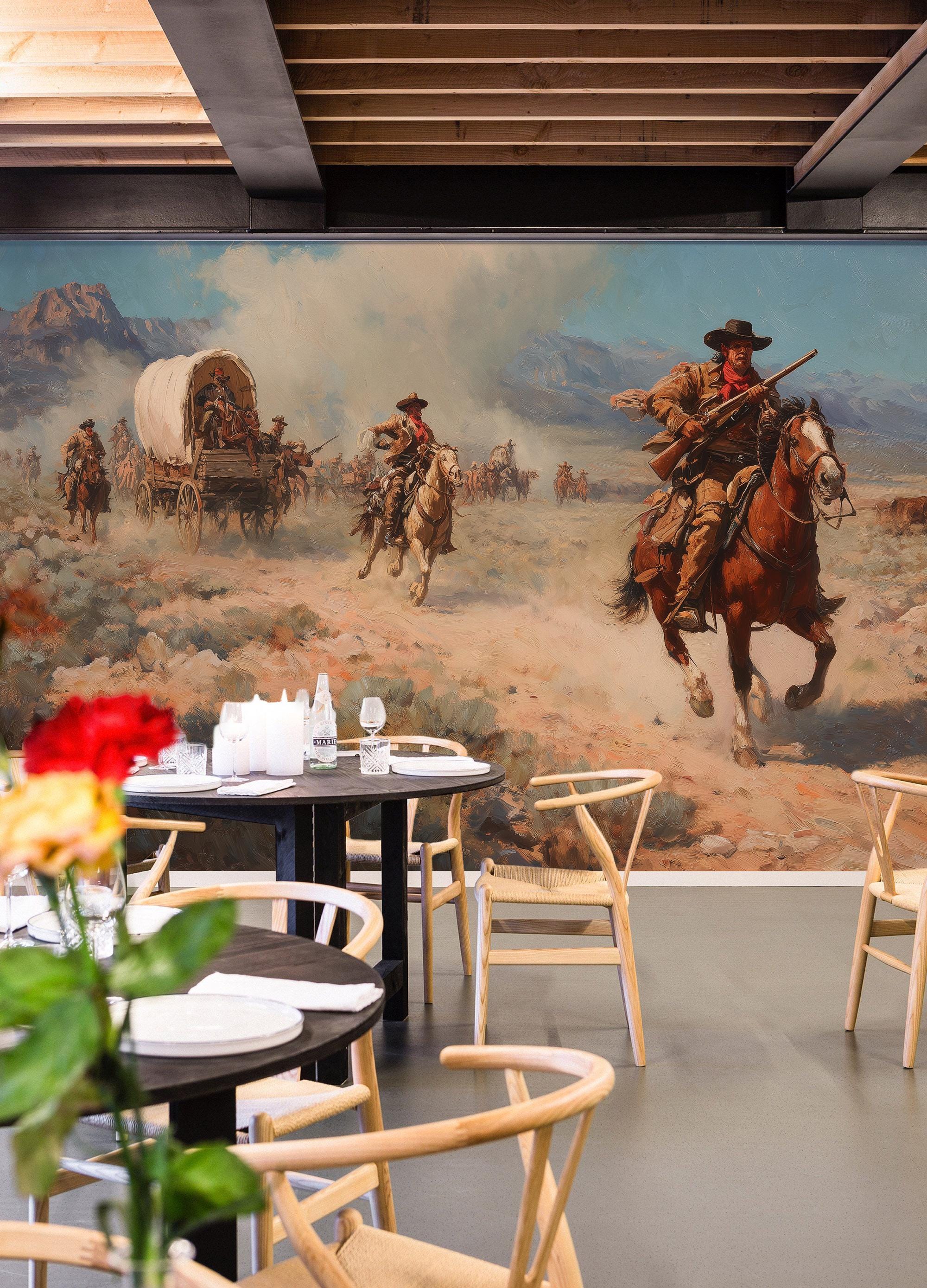 Warm Desert Western Cowboy Landscape Peel and Stick Wallpaper, Custom Size Wall Mural - View 5