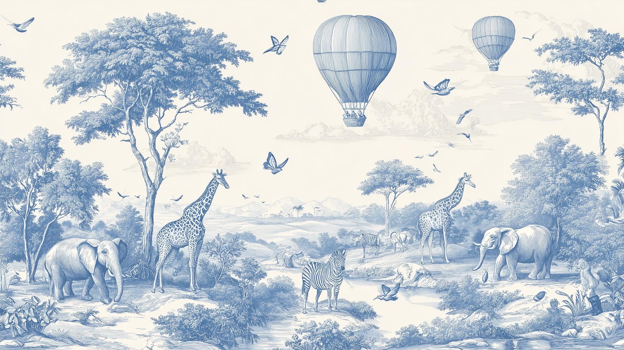 Blue & Ivory Safari Toile Peel and Stick Wallpaper Mural - Custom Size - View 5