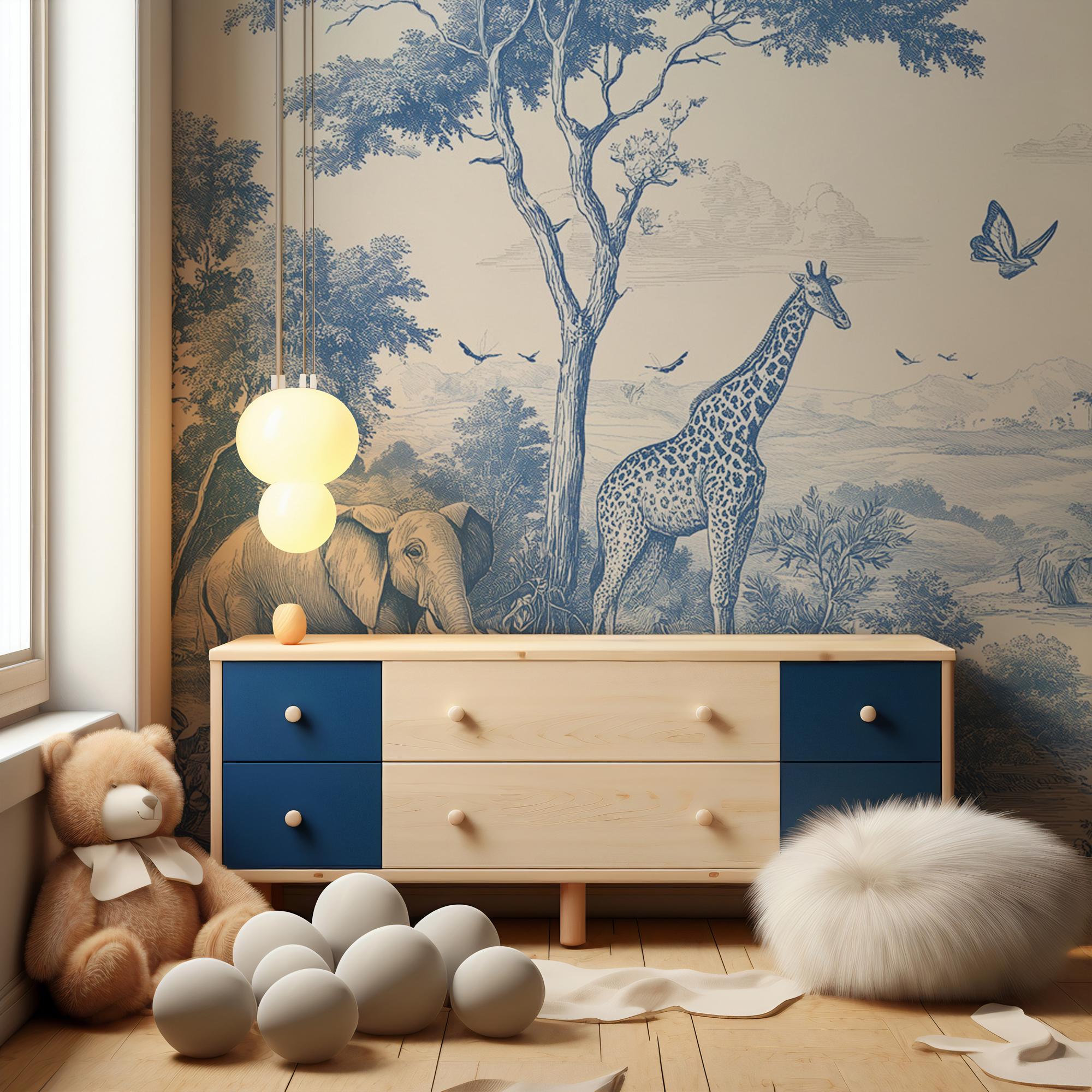 Blue & Ivory Safari Toile Peel and Stick Wallpaper Mural - Custom Size - View 4