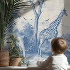 Blue & Ivory Safari Toile Peel and Stick Wallpaper Mural - Custom Size - View 2