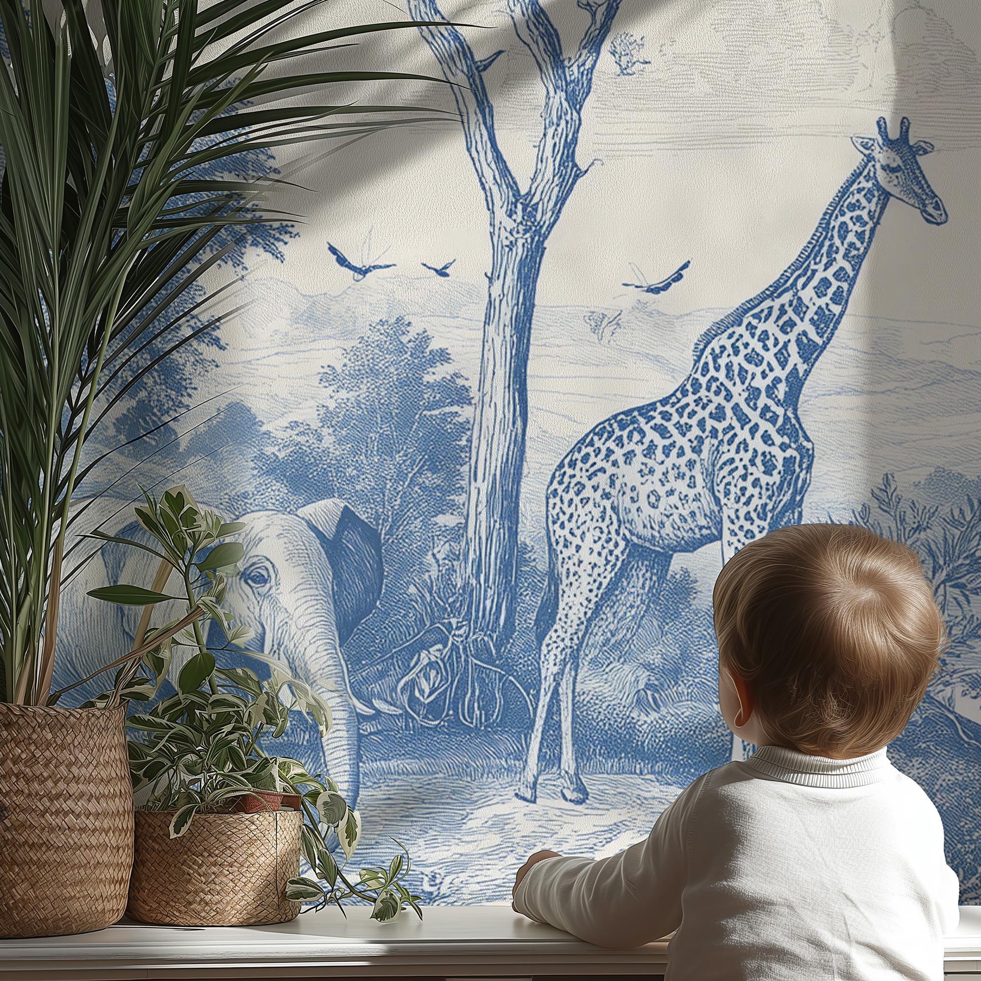 Blue & Ivory Safari Toile Peel and Stick Wallpaper Mural - Custom Size - View 2
