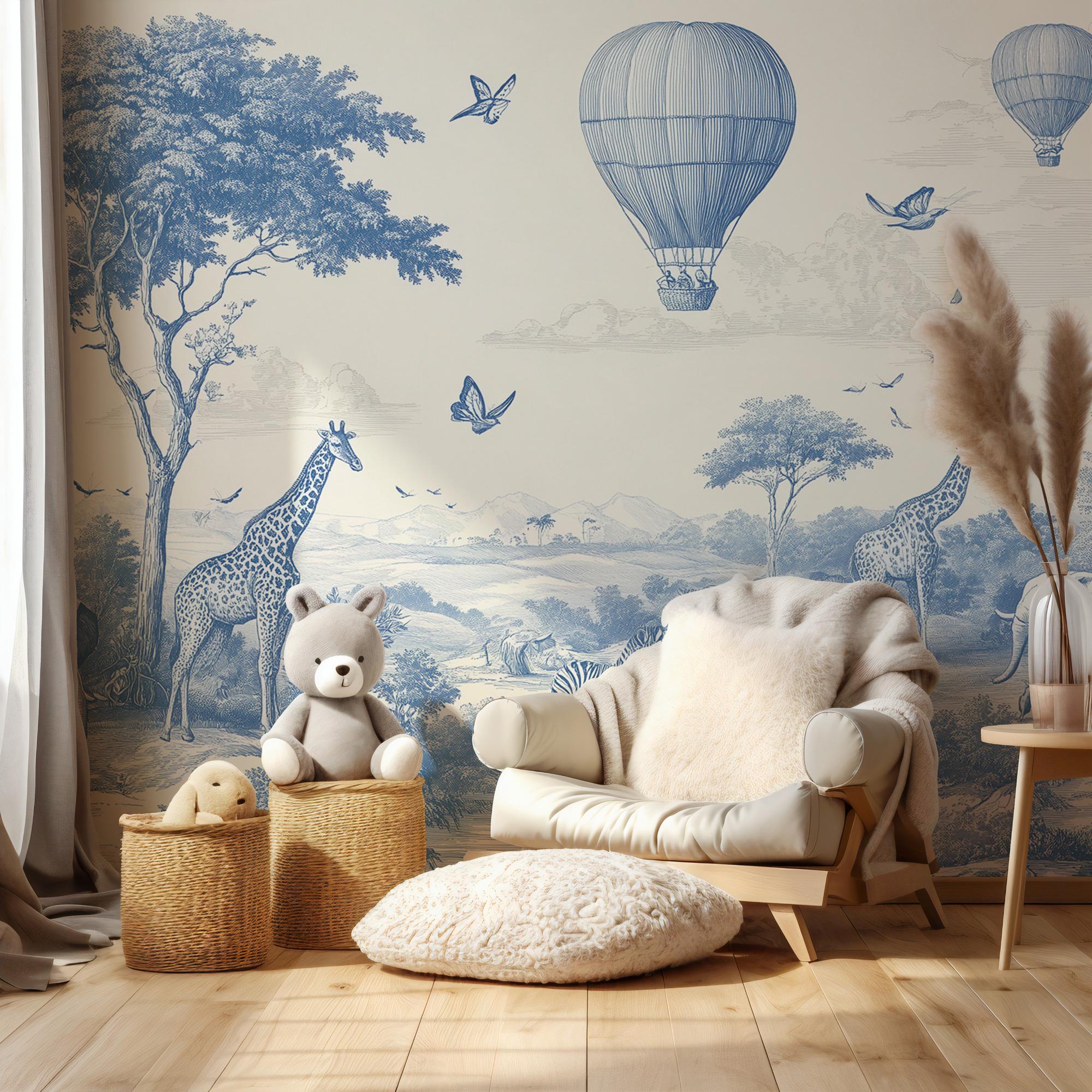 Blue & Ivory Safari Toile Peel and Stick Wallpaper Mural - Custom Size - View 3