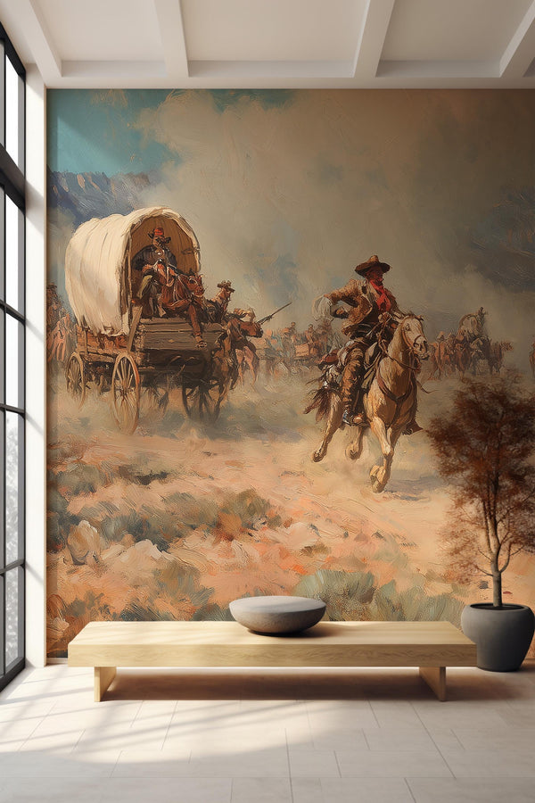 Warm Desert Western Cowboy Landscape Peel and Stick Wallpaper, Custom Size Wall Mural