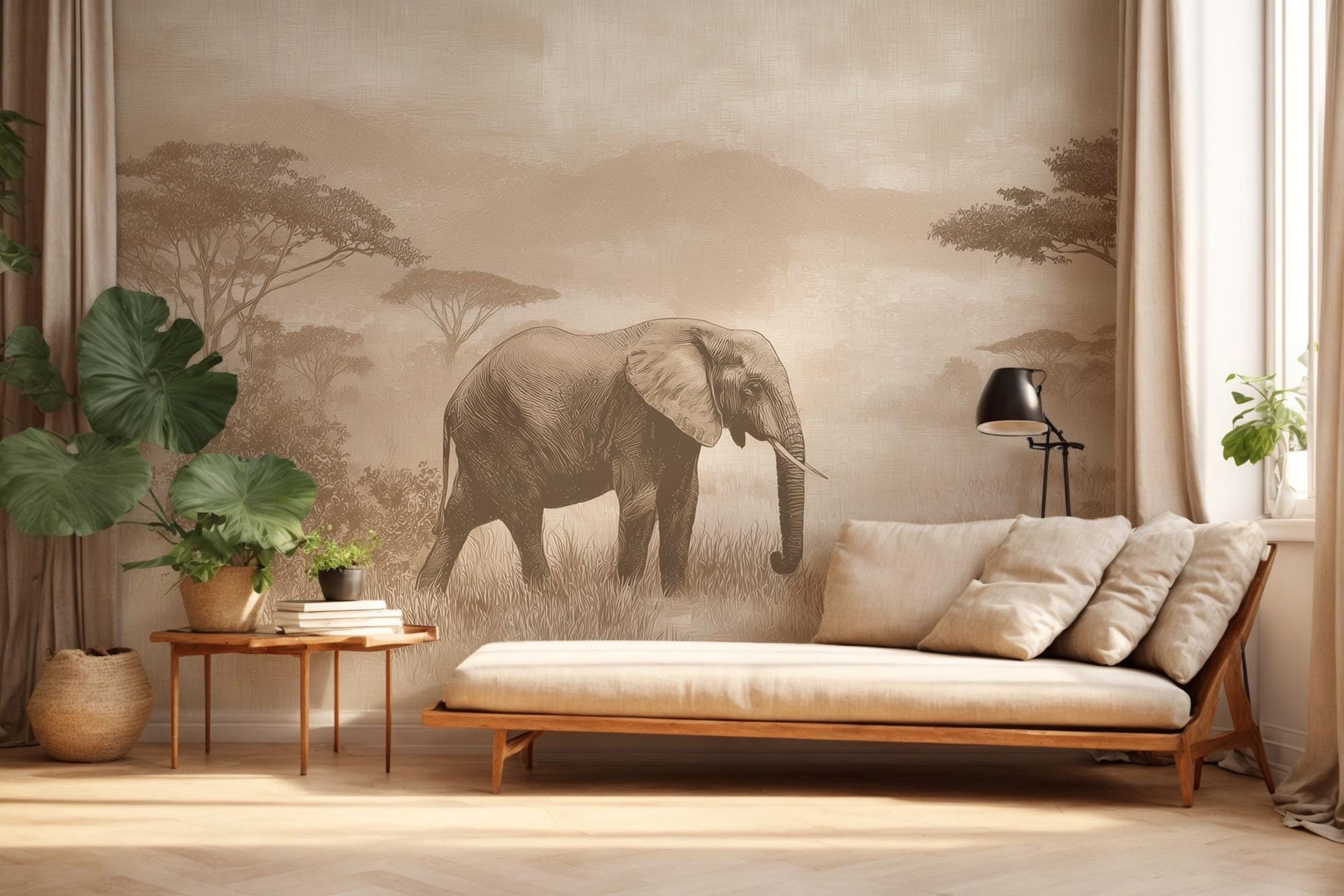 African Elephant Landscape Peel and Stick Wallpaper, Custom Sizes Wall Mural