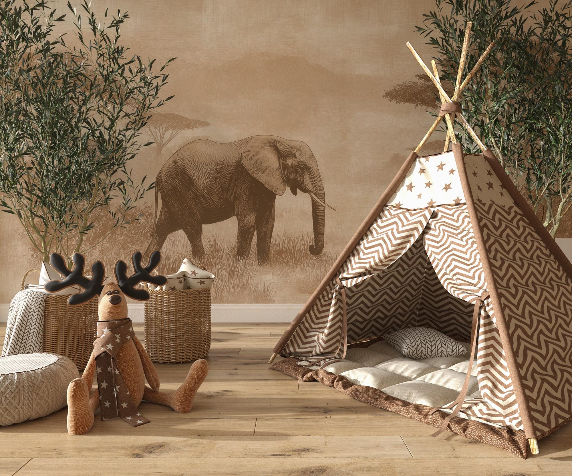 African Elephant Landscape Peel and Stick Wallpaper, Custom Sizes Wall Mural - View 2