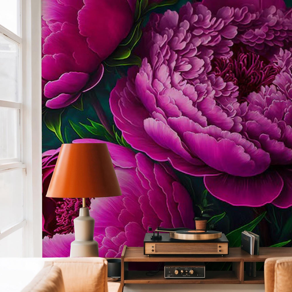 Dark Peony Floral Wallpaper, Big Pink Rose Wall Mural, Peel & Stick - View 3